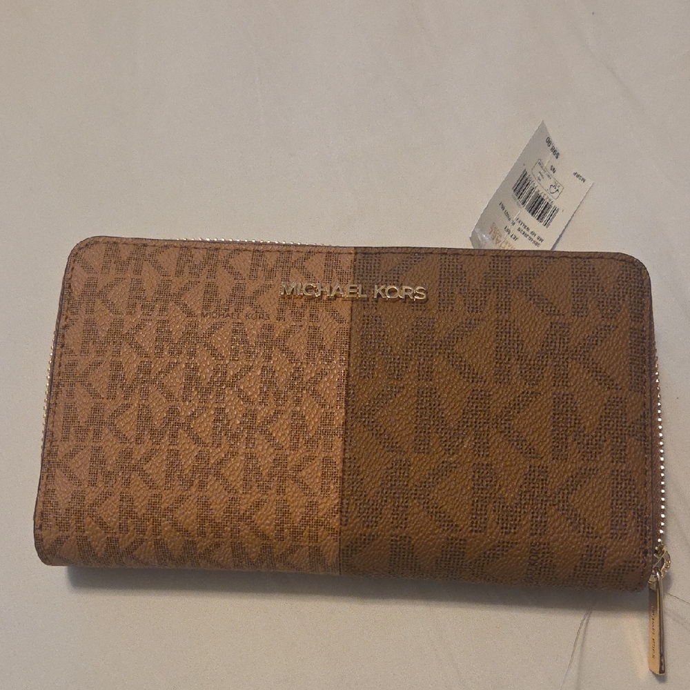 Michael Kors Tan and Brown Logo Zip Wallet